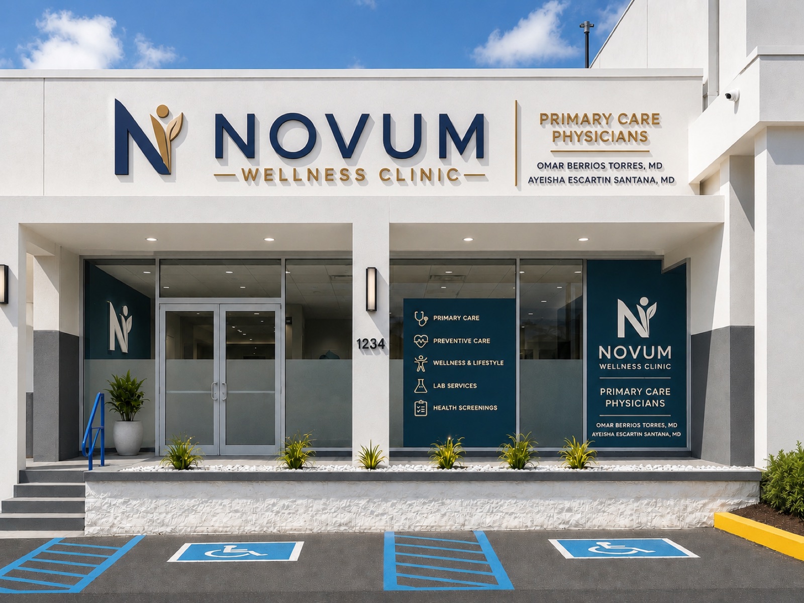 Novum Wellness Clinic storefront and entrance, with Dr. Omar Berrios Torres and Dr. Ayeisha Escartín Santana listed as Primary Care Physicians